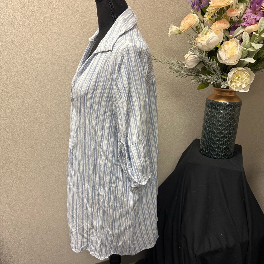 Umgee Blue White Stripe Linen Shirt Dress Roll Tab Sleeves XL - Picture 2 of 7